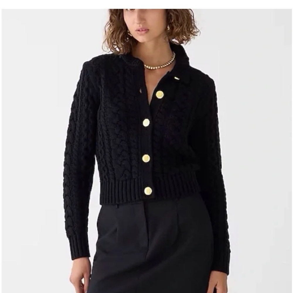 J CREW Cable Knit Ruffled Neck Cardigan Sweater - Black w gold buttons